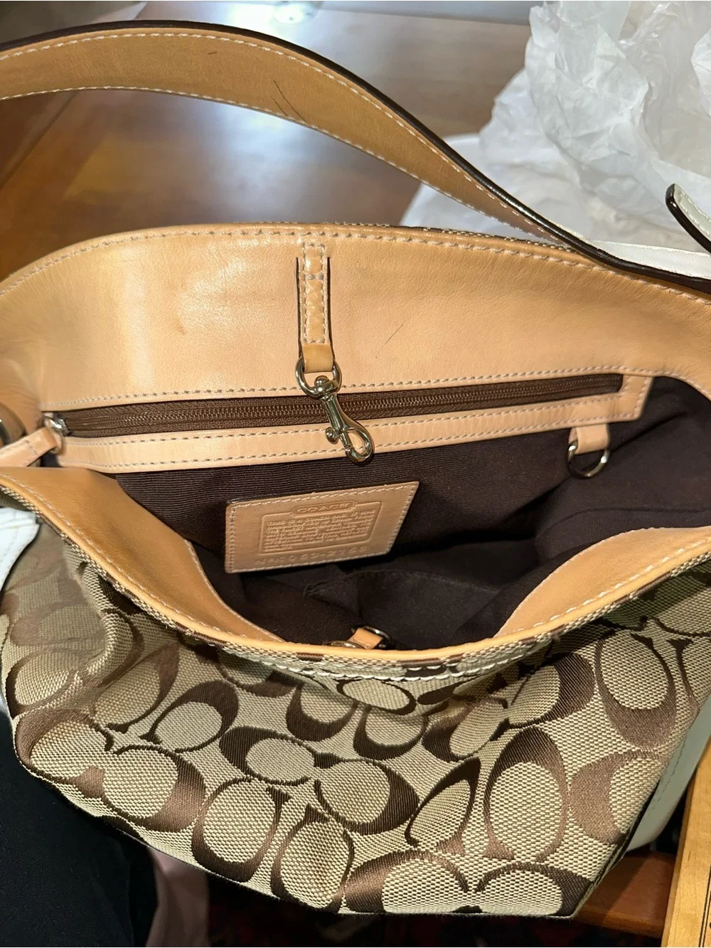 Coach Brown Khaki Signature Canvas Shoulder Bag with White Trim